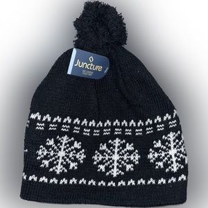 Juncture Winter Hat with Pom Pom Black with White Snowflakes